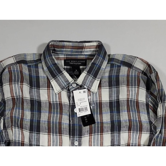 The Mens Store Grey Blue Plaid Woven Linen Shirt Mens Medium - Picture 3 of 4